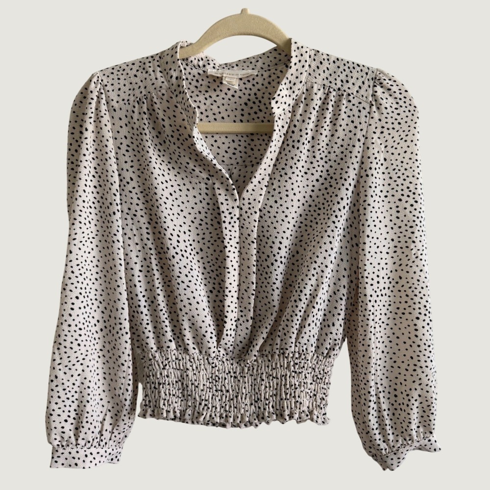 Monteau LA Women's Workwear Blouse Top Cream & Black Polka Dot Smocked Waist Sm